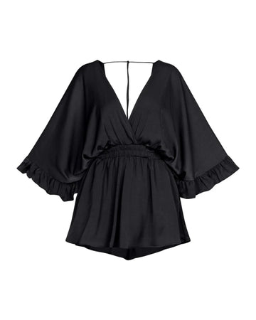 Plunge V Neck Batwing Sleeve Ruffles Elastic Waist Casual Romper(Without Belt)